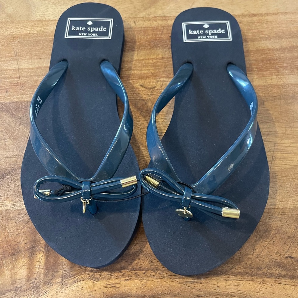 NEW Kate Spade Foxy Flip Flop Sandals Blue Bow Charm Slide Women's Size 5-6